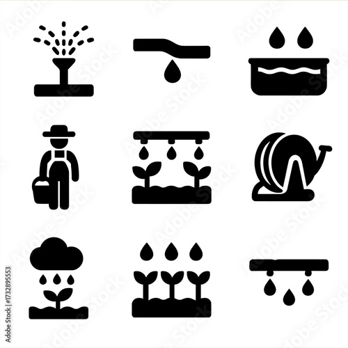 Agricultural Water Icons. Solid style icons of water in agriculture: irrigation sprinkler, drip hose, water trough, farmer with