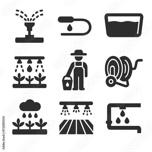 Agricultural Water Icons. Solid style icons of water in agriculture: irrigation sprinkler, drip hose, water trough, farmer with