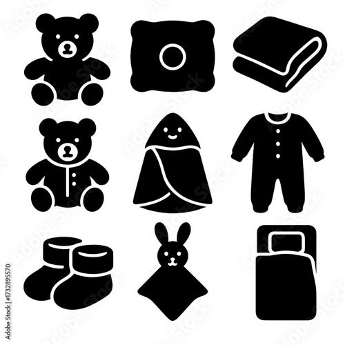 Cozy Baby Icons. Solid style icons of soft and cozy items: plush toy, baby pillow, soft blanket, bedtime bear, hooded towel, warm