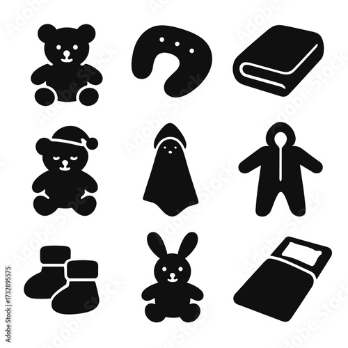 Cozy Baby Icons. Solid style icons of soft and cozy items: plush toy, baby pillow, soft blanket, bedtime bear, hooded towel, warm