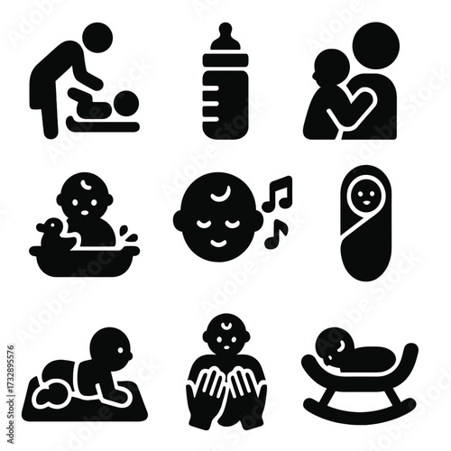 Baby Care Icons. Solid style icons of baby care activities: diaper change icon, feeding bottle, burping baby, bath time with