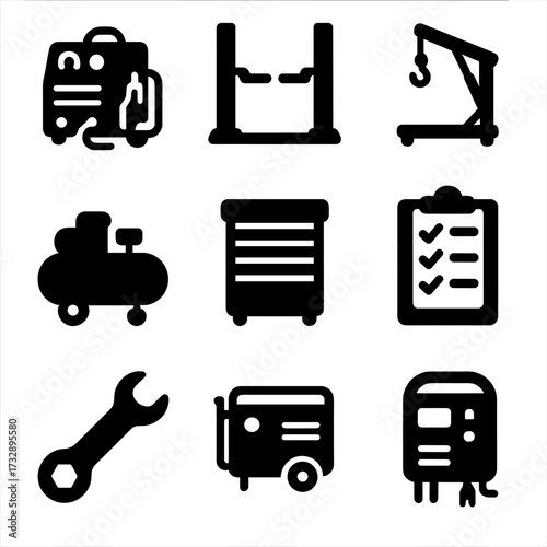 Farm Tools Icons. Solid style icons of farm maintenance tools: welding machine, hydraulic lift, engine hoist, workshop compressor,