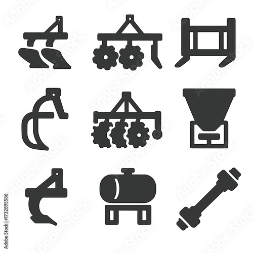 Modular Tool Icons. Solid style icons of modular and attachable tools: plow module, harrow disk set, front loader fork, baler arm