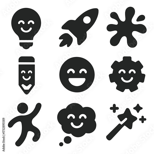 Creative Fun Icons. Solid style icons of fun and creativity symbols: lightbulb with smile, playful rocket, color splash, smiling