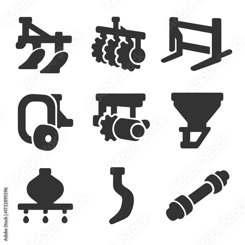 Modular Tool Icons. Solid style icons of modular and attachable tools: plow module, harrow disk set, front loader fork, baler arm