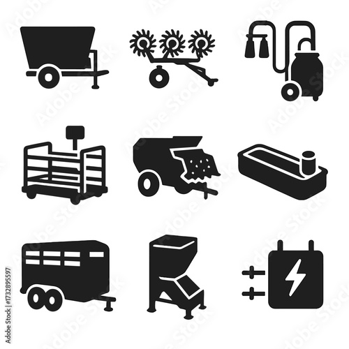 Livestock Machinery Icons. Solid style icons of livestock farming machinery: feed mixer wagon, hay rake, milking machine,