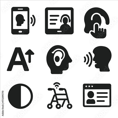 Tech Accessibility Icons. Solid style icons of tech accessibility and inclusivity: voice command interface, screen reader device,