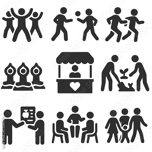 Health Community Icons. Solid style icons of health-related community activities: group exercise class, team sports symbol,
