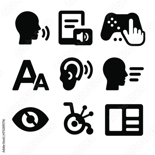 Tech Accessibility Icons. Solid style icons of tech accessibility and inclusivity: voice command interface, screen reader device,