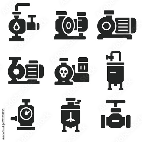 Industrial Pump Icons. Solid style icons of oil and chemical process pumps: oil transfer pump, chemical dosing pump, high-pressure