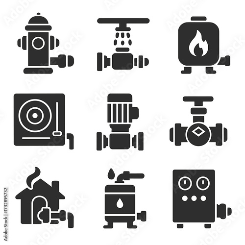 Fire Safety Icons. Solid style icons of fire and safety pump systems: fire hydrant pump, emergency sprinkler pump, fire