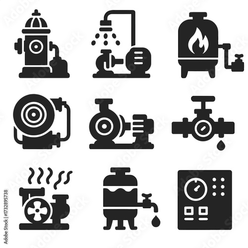 Fire Safety Icons. Solid style icons of fire and safety pump systems: fire hydrant pump, emergency sprinkler pump, fire