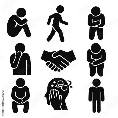 Behavioral Discomfort Icons. Solid style icons of behavioral signs of discomfort: withdrawing figure icon, pacing person symbol,