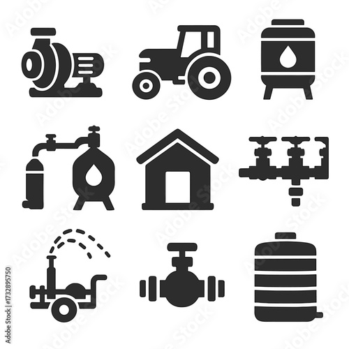 Agriculture Irrigation Icons. Solid style icons of agriculture and farm irrigation pumps: irrigation booster pump, PTO-driven pump