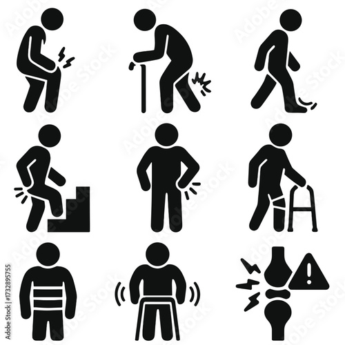Mobility Pain Icons. Solid style icons of mobility-related pain or difficulty: sore knee icon, cane with pain sign, foot pain