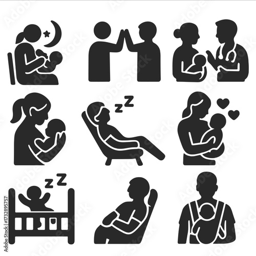 Parenting Routine Icons. Solid style icons of parents’ routine and support: night feeding icon, co-parenting teamwork, asking