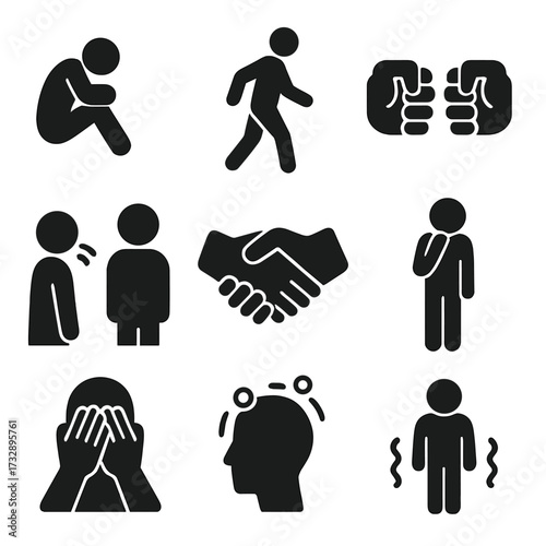 Behavioral Discomfort Icons. Solid style icons of behavioral signs of discomfort: withdrawing figure icon, pacing person symbol,