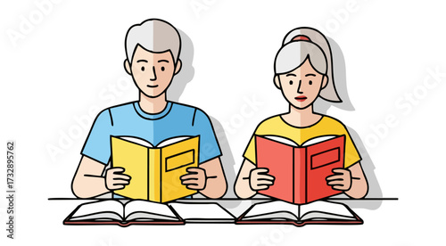 Vector illustration of an older man and woman with gray hair sitting at a desk and reading books together.