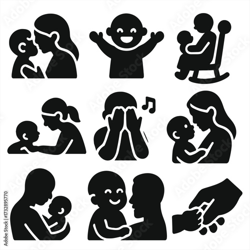 Emotional Bonding Icons. Solid style icons of emotional bonding moments: mother kissing child, baby reaching arms, gentle rocking