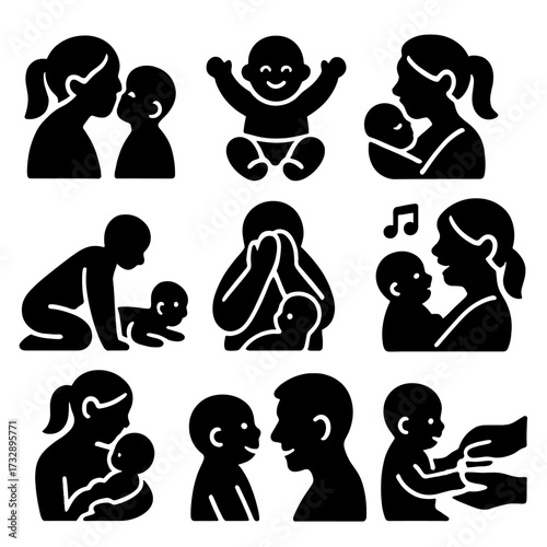 Emotional Bonding Icons. Solid style icons of emotional bonding moments: mother kissing child, baby reaching arms, gentle rocking