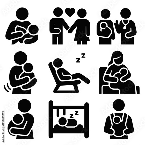 Parenting Routine Icons. Solid style icons of parents’ routine and support: night feeding icon, co-parenting teamwork, asking