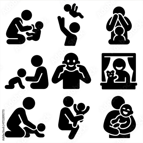 Playful Parent-Baby Icons. Solid style icons of playful bonding: parent tickling baby, tossing baby in air, playing peekaboo, baby