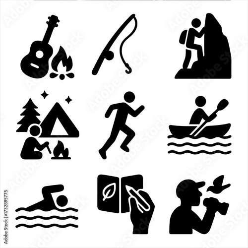 Camping Activity Icons. Solid style icons of recreational camping activities: guitar by campfire, fishing rod icon, mountain