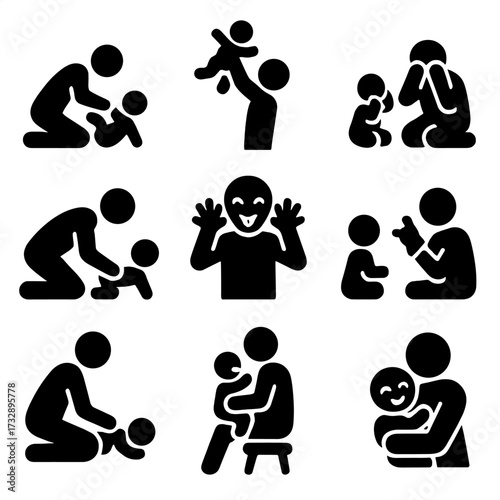 Playful Parent-Baby Icons. Solid style icons of playful bonding: parent tickling baby, tossing baby in air, playing peekaboo, baby