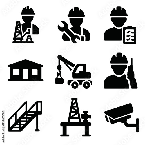 Oil Field Icons. Solid style icons of personnel and equipment on oil fields: rig operator figure, technician with wrench,