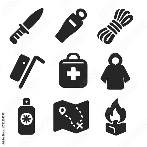 Survival Gear Icons. Solid style icons of outdoor survival equipment: survival knife, emergency whistle, rope coil, flint and