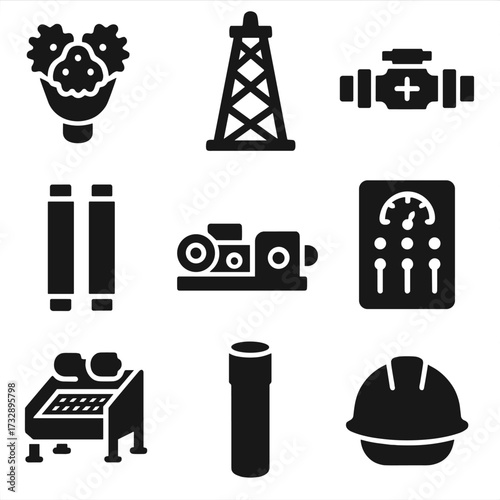 Drilling Tools Icons. Solid style icons of drilling and extraction tools: rotary drill bit, derrick tower icon, blowout preventer,