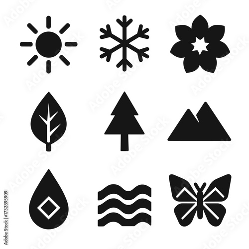 Geometric Nature Icons. Solid style icons of nature-inspired geometric icons: sun shape (rays in radial form), snowflake geometry,
