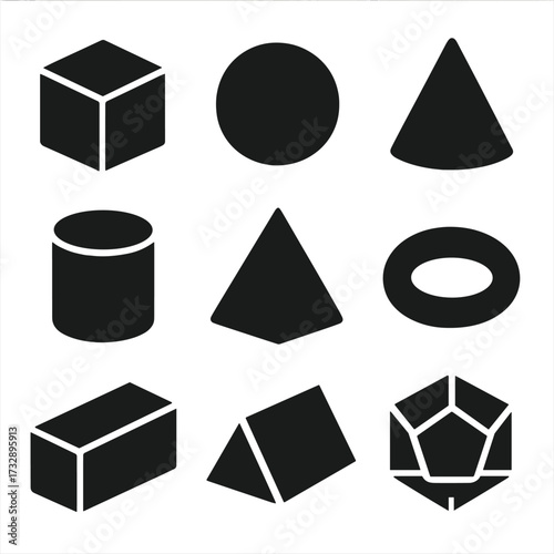 3D Geometric Icons. Solid style icons of 3D geometric forms: cube, sphere, cone, cylinder, pyramid, torus, rectangular prism,