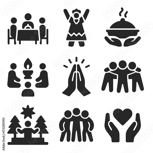 Cultural Ritual Icons. Solid style icons of shared rituals and cultural thanks: family dinner table, traditional garment