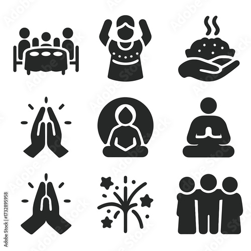 Cultural Ritual Icons. Solid style icons of shared rituals and cultural thanks: family dinner table, traditional garment