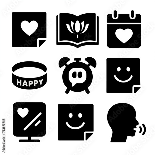 Solid Affirmation Icons. Solid style icons of affirmations and daily reminders: sticky note with heart, daily mantra book,
