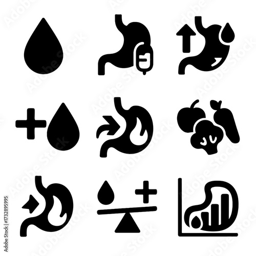 Gut pH Balance Icons. Solid style icons of acid and pH balance in gut: acid drop icon, pH meter with stomach, neutralizing effect
