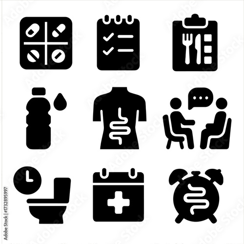 Digestive Care Icons. Solid style icons of chronic digestive care routines: daily pill organizer, routine symptom log, planned