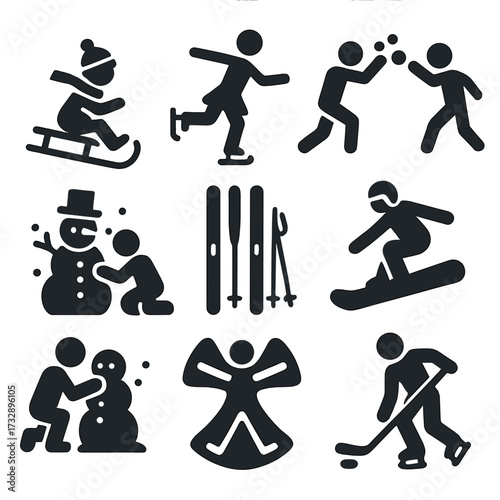 Winter Sports Icons. Solid style icons of winter sports and activities: sledding child, ice skater, snowball fight, ski equipment,