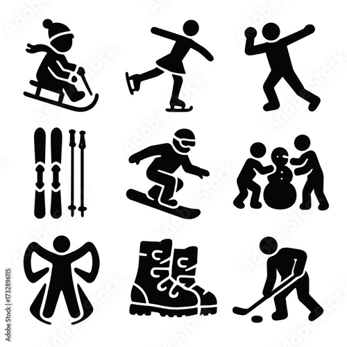 Winter Sports Icons. Solid style icons of winter sports and activities: sledding child, ice skater, snowball fight, ski equipment,