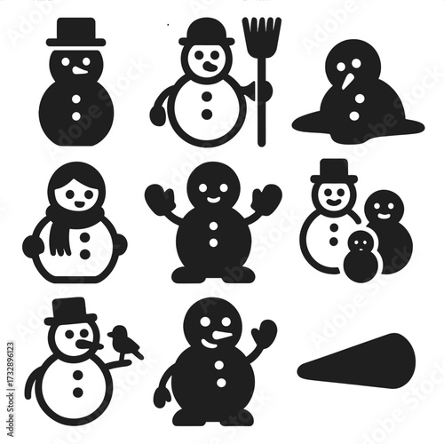 Snowman Icon Collection. Solid style icons of snowman characters: classic snowman with hat, snowman holding broom, melting snowman