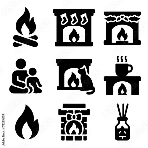 Cozy Hearth Icons. Solid style icons of fireplace and hearth traditions: logs with flames, mantle with stockings, garland over
