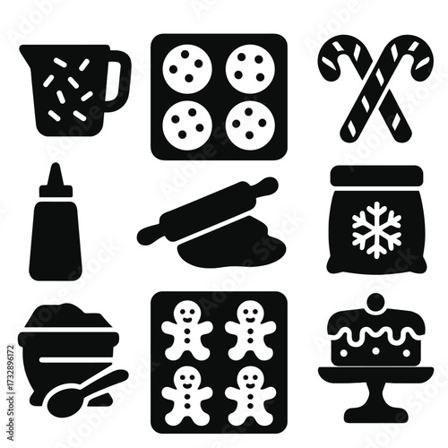 Holiday Baking Icons. Solid style icons of holiday baking and sweets preparation: measuring cup with sprinkles, oven tray of