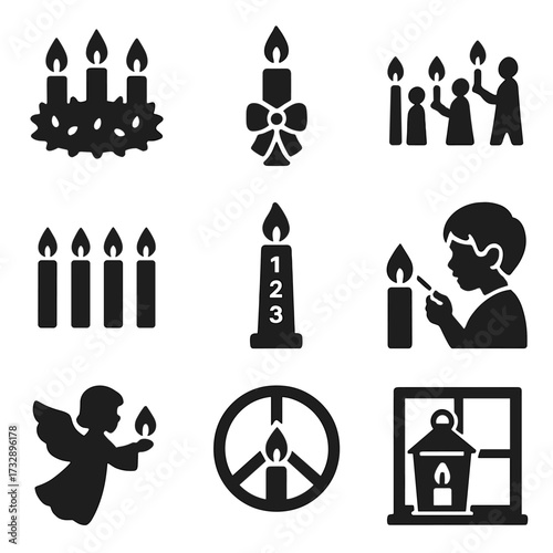 Advent Candle Icons. Solid style icons of advent and candlelight traditions: advent wreath with flames, single candle and ribbon,