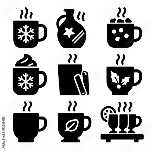 Winter Drink Icons. Solid style icons of warm drinks and treats: steaming mug with snowflake, spiced cider jug, cocoa with