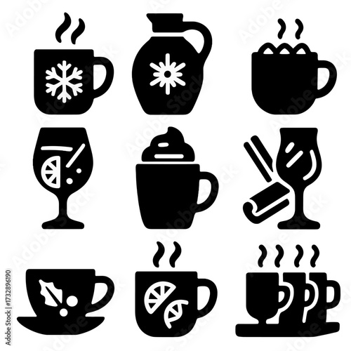 Winter Drink Icons. Solid style icons of warm drinks and treats: steaming mug with snowflake, spiced cider jug, cocoa with