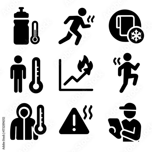 Sports Icons and Temperature. Solid style icons of sports and temperature regulation: sports bottle with temperature icon, runner
