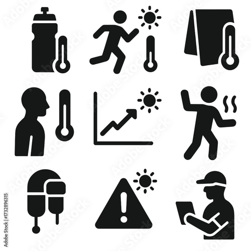 Sports Icons and Temperature. Solid style icons of sports and temperature regulation: sports bottle with temperature icon, runner