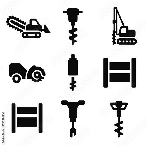 Trenching Tool Icons. Solid style icons of trenching and digging tools: trenching machine, auger drill, rotary rig, micro trencher