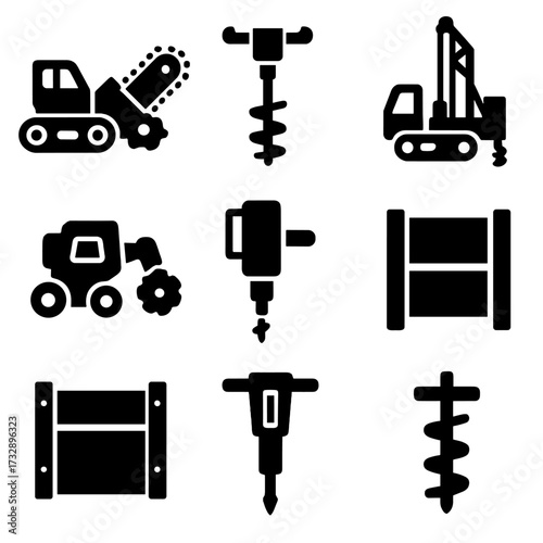 Trenching Tool Icons. Solid style icons of trenching and digging tools: trenching machine, auger drill, rotary rig, micro trencher